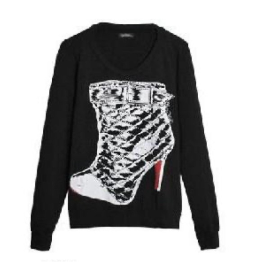 Price Firm Lauren Moshi Black Sweatshirt with Graphic Red Heeled Boot, Small.